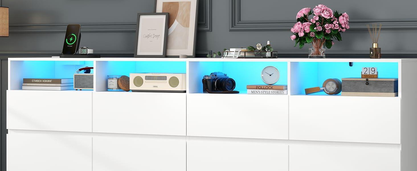 12 Drawer Black Dresser with Charging Station & Led Lights,Modern Wide Dresser, Large Dressers Organizer with 4 Open Cubbies Sideboard Buffet Cabinet