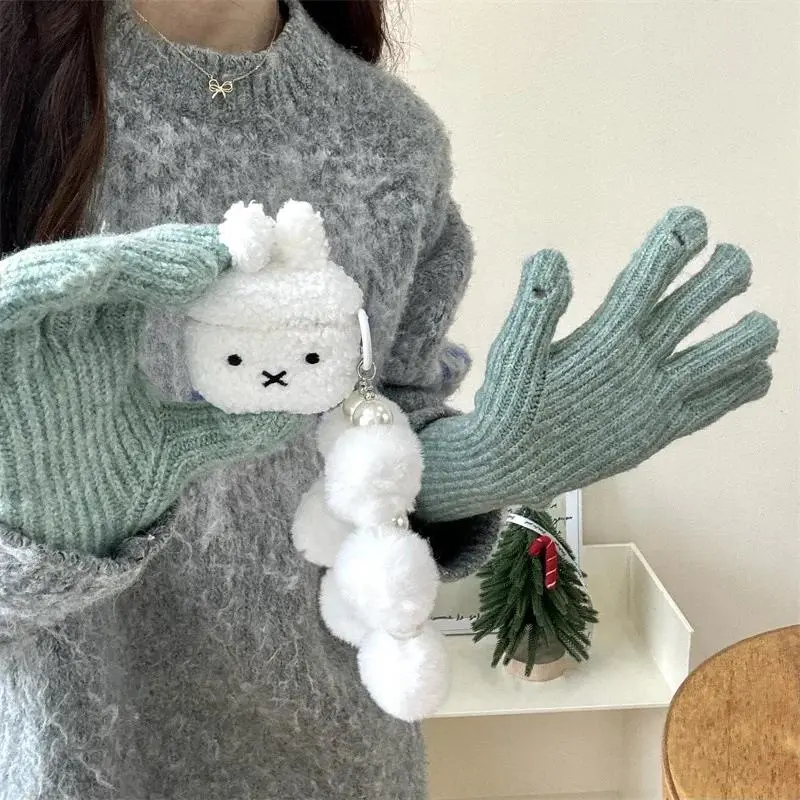 Furry Cute Bunny AirPods 4/3/2Pro Shockproof Case Cover with Faux Fur Pom Pom Chain Protective Headphone Sleeve Cozy Winter Gift