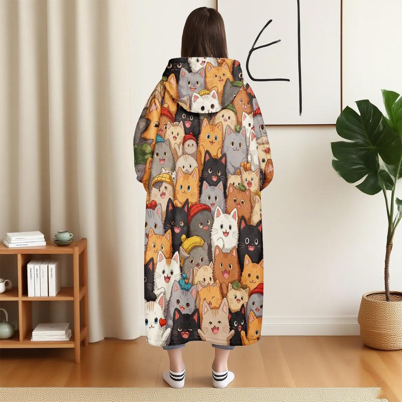 Hooded blanket, Cozy hooded blanket, wearable blanket, women's fleece-lined bathrobe, pajamas, plus-size thickened loungewear with multiple cat prints. Suitable for loungewear at home, perfect as a gift for Christmas or Valentine's Day