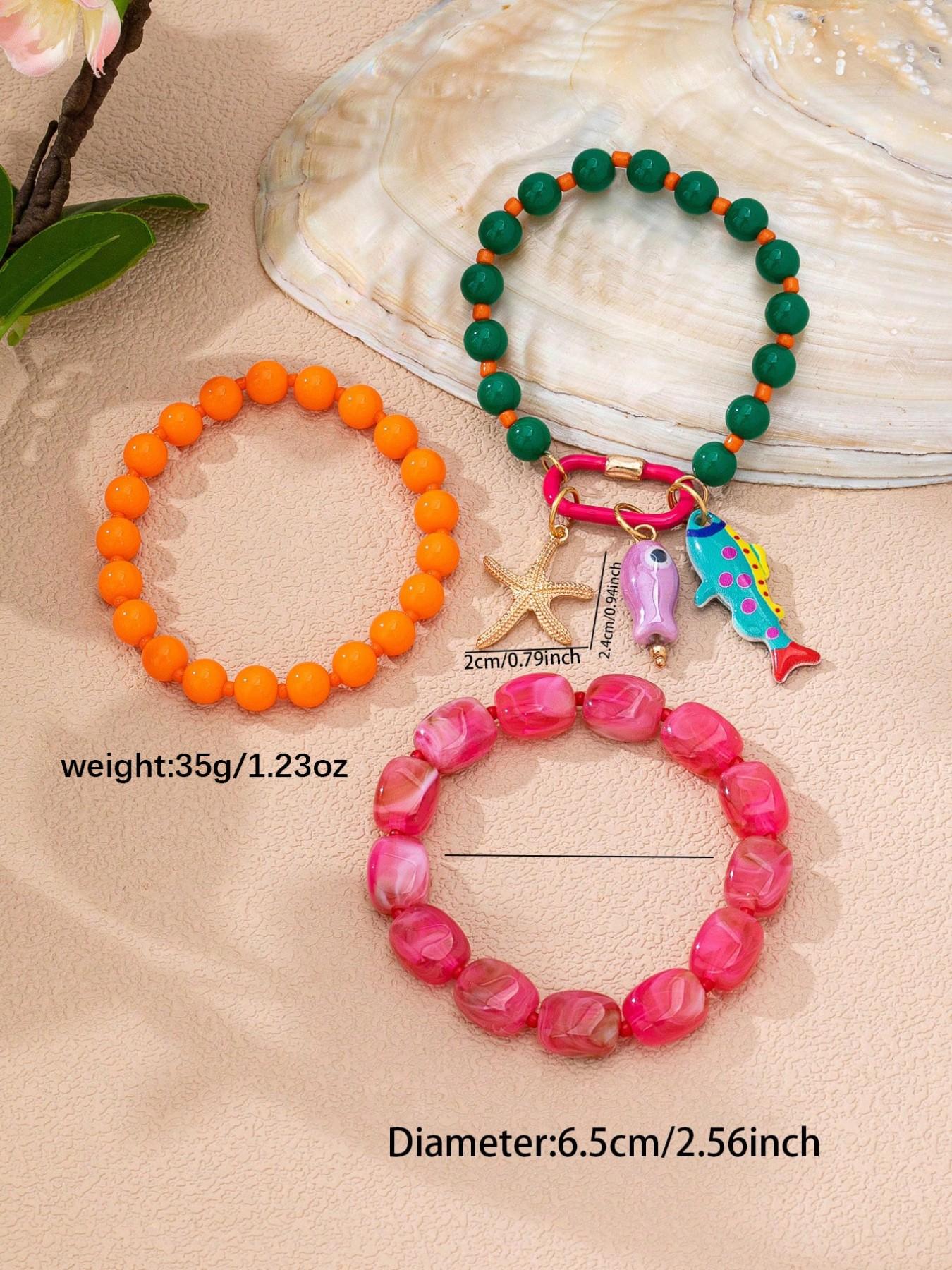 6Pcs Y2K Summer Ocean Fish Charm Beaded Stackable Fashionable Bracelet, Multicolor Resin Beads Bracelets Stacking, Dopamine Funky Bracelets for Women, Matching Bracelets Beaded Bracelet Set, Stacked Bracelets