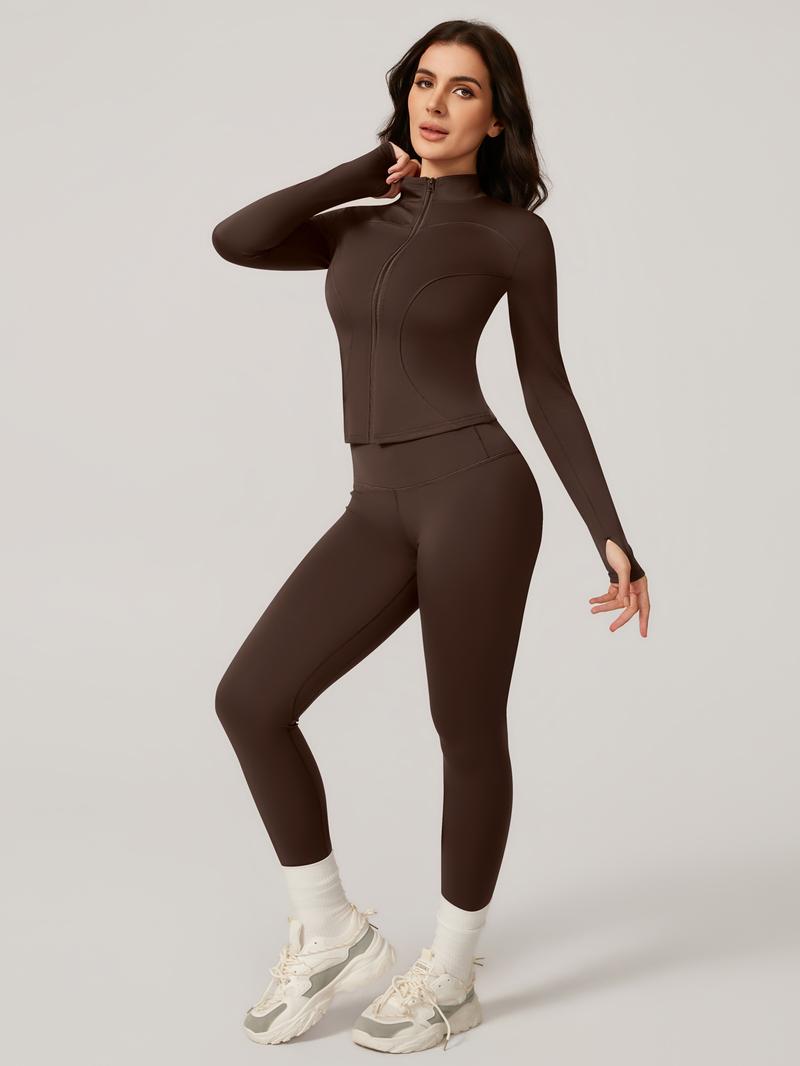 Women's Two-Piece Slim-Fitting Workout Set, Long Sleeve Top and Below-Ankle Sports Pants with Natural Waistline, All-Season Wearable Comfort Tracksuit Set
