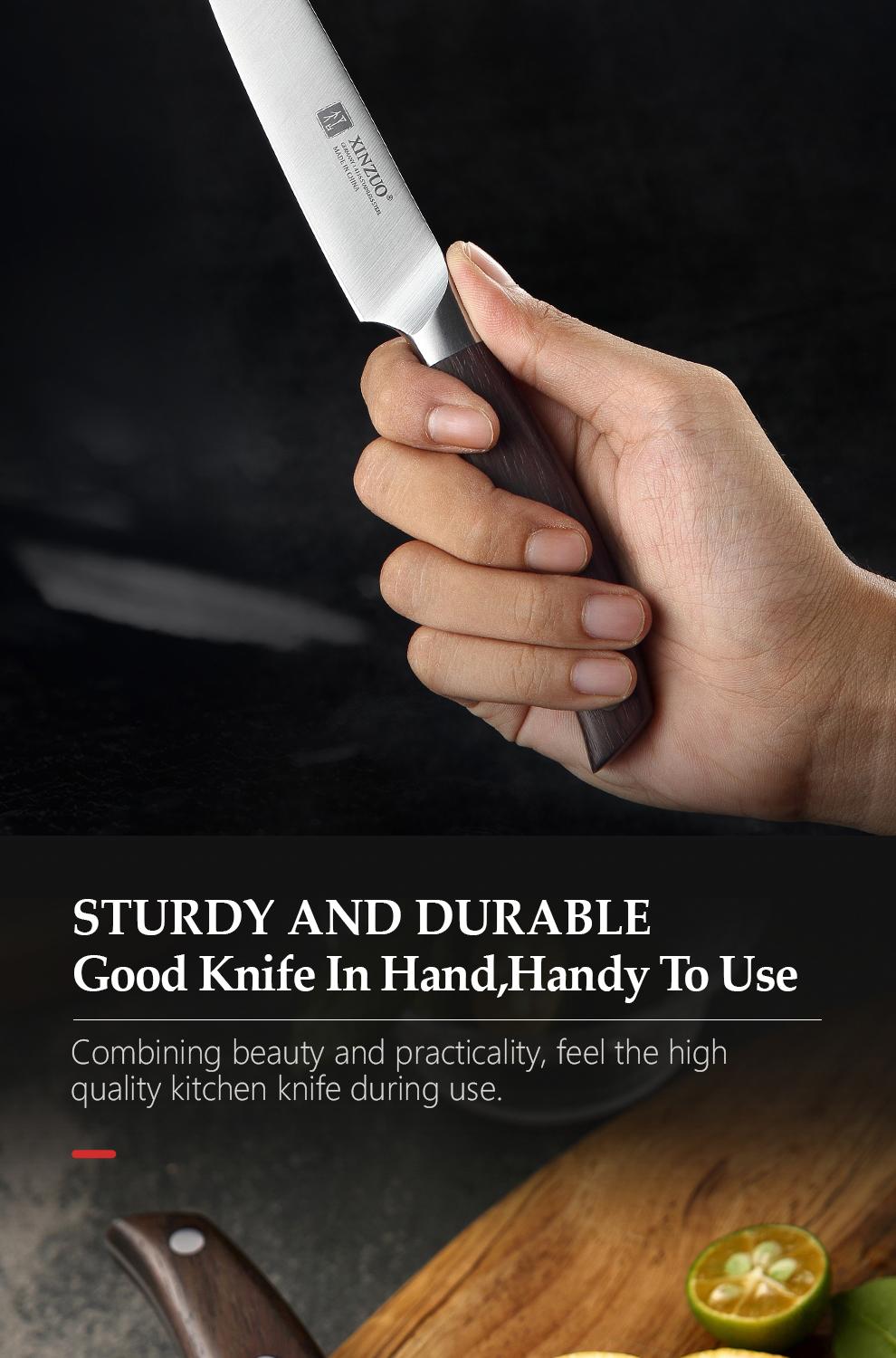 XINZUO Utility Knife. 5-inch compact design. Crafted with German 1.4116 steel, paired with red sandalwood handle. 6.0- 8.0 N cutting force. Comes in a beautiful gift box——Zhi Series