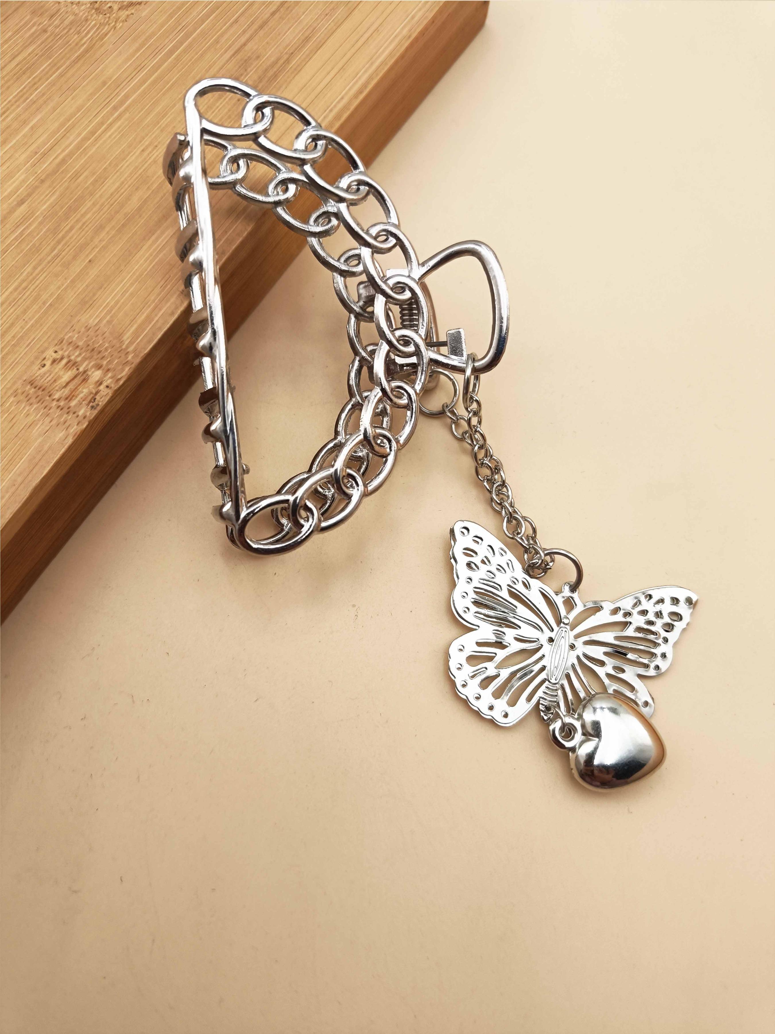 1PC Butterfly Heart Pendant Chain Metal Hair Clip, Elegant Hollow Design, Versatile Accessory for Travel and Beachwear, All Seasons