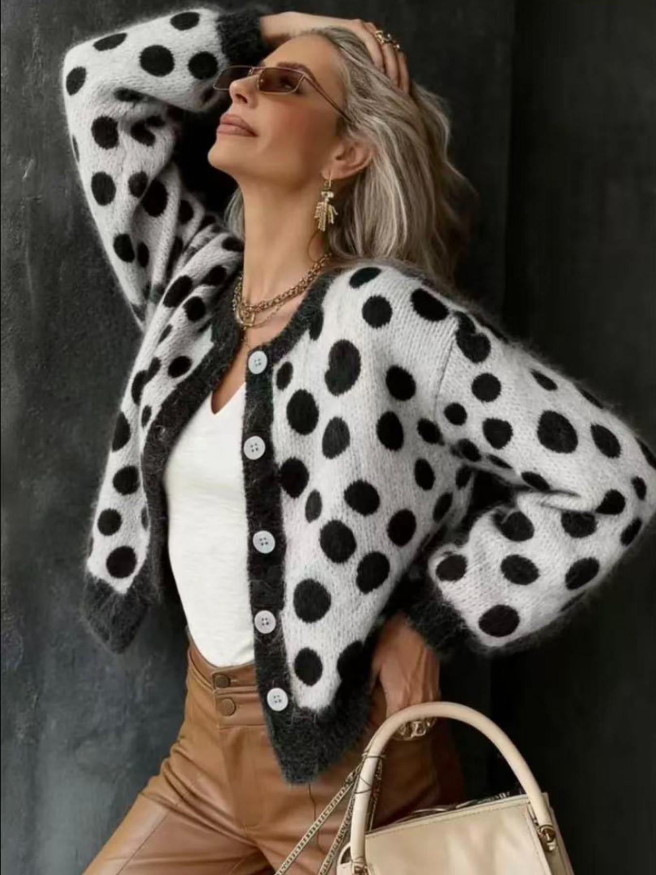 Trendy Polka Dot Colorblock Loose Fit Knit Sweater for Women, Fall Winter New Arrival, Casual Long Sleeve Cardigan, Comfortable and Stylish