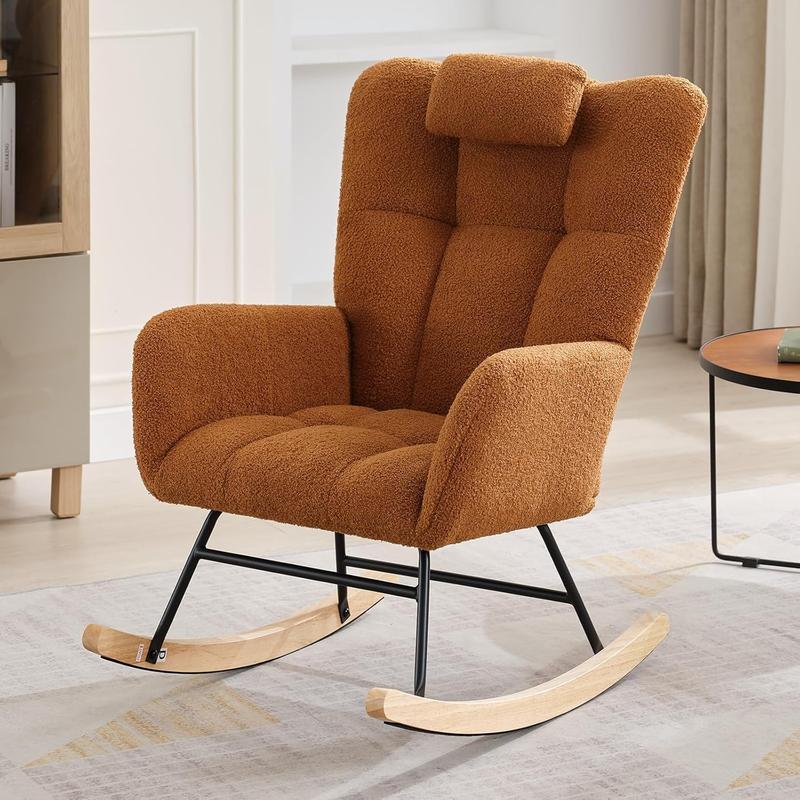 Nursery Rocking Chair, Teddy Upholstered Glider Rocker with Padded Seat and High Backrest, Comfy Accent Armchair for Baby Room or Living Room