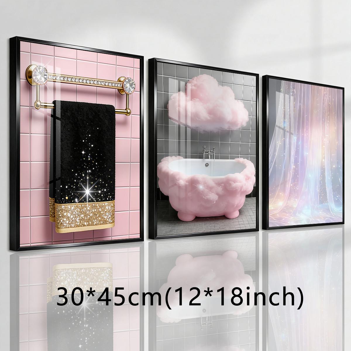 3 Counts Aluminum Alloy Framed Painting, Sparkling Bathroom Luxury Cloud And Curtain Art Pictures, Home Decoration For Living Room, Bedroom, Office, Restaurant, Hallway Wall Decor, Odorless Print Artwork, Luxury Perfect Gift For Friends And Family
