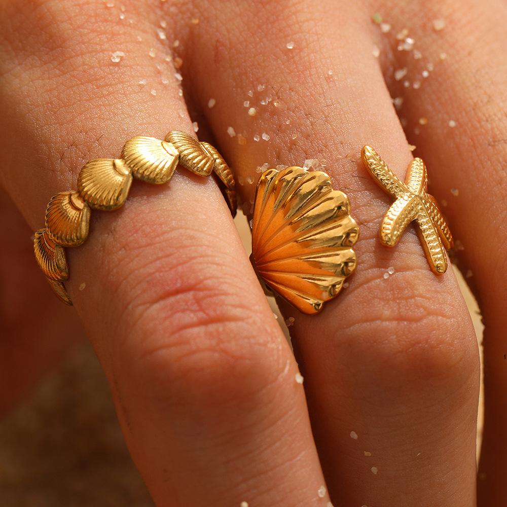 Ocean Element Stainless Steel Jewelry - Fresh Beach Style Shell Sea Star Open Adjustable Ring for Women