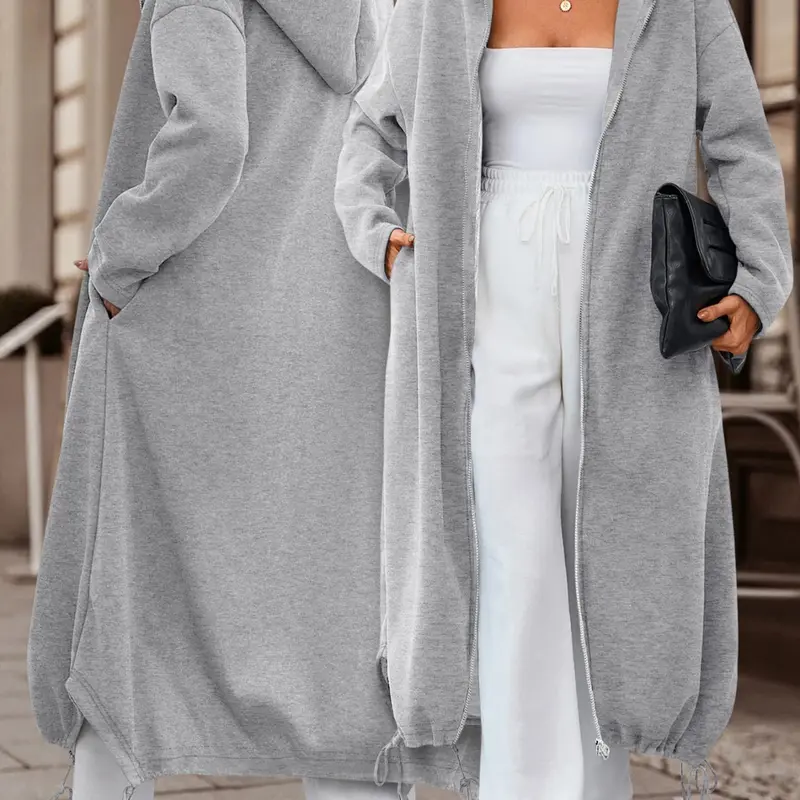 Women's Long Sleeve Zipper Hooded Sweatshirt, Casual Loose-Fit Adjustable Drawstring Hem, Lightweight Outerwear for Travel and Daily Use