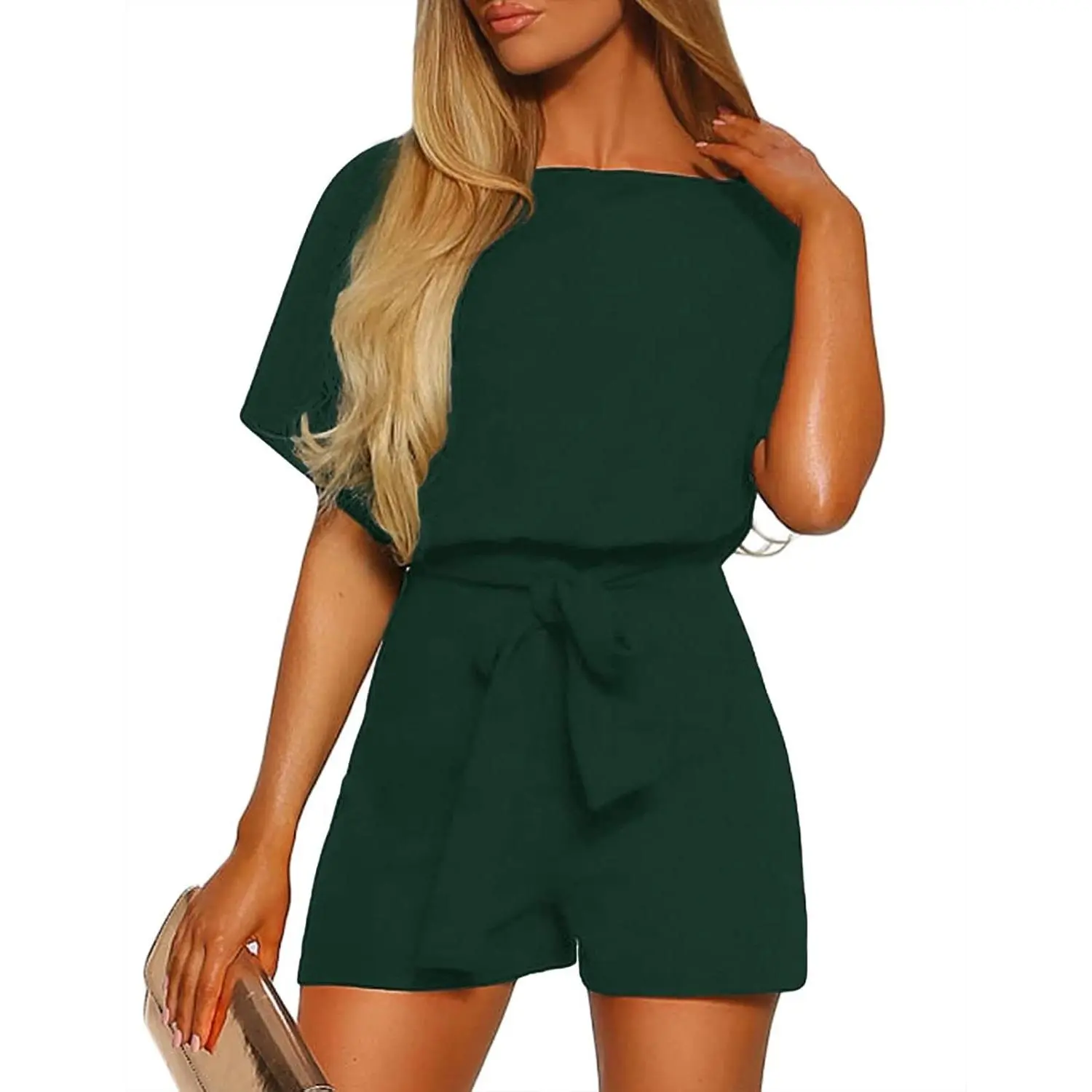 Womens Summer Belted Romper Keyhole Back Short Sleeve Jumpsuit Playsuit