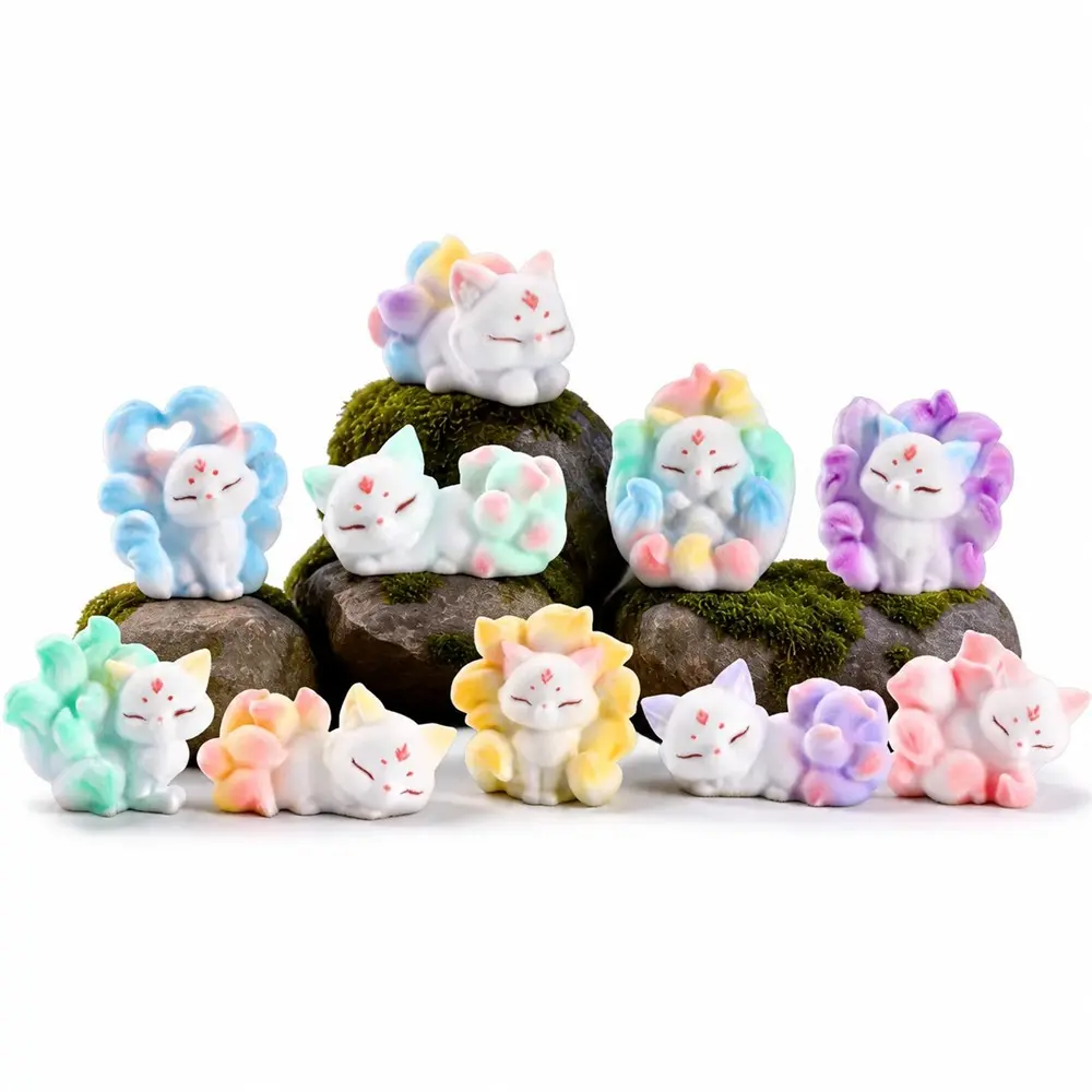 Flocked Nine-Tailed Fox Blind Box Figure, Cute Chinese Mythical Beast Plush Figurine, Kawaii Fox Fairy Collectible Toy, Fantasy Animal Desk Ornament, Home Decor, Birthday Gift for Girls Women Collectors, Halloween Christmas Thanksgiving Holiday Gift