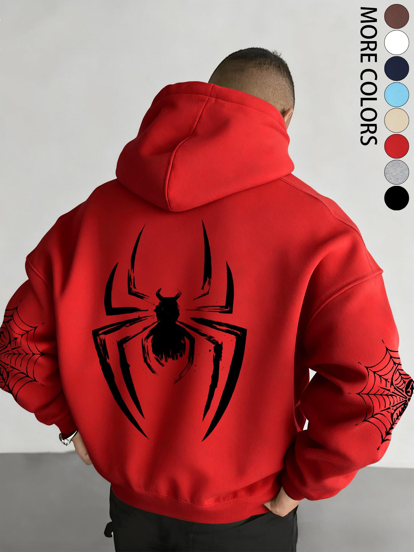 Men's Fall/Winter Spider-Print Hooded Sweatshirt with Drawstring and Kangaroo Pocket, Casual Street Fashion Hoodie, Casual Streetwear Hoodie, Comfortable Fabric, Fitted Graphic Sweatshirts