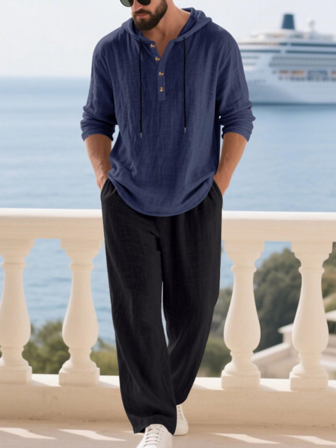 Men's Linen Set Spring Summer 2026, Beach Vacation Casual Style, Lightweight Breathable Hooded Shirt and Straight Leg Pants Two-Piece