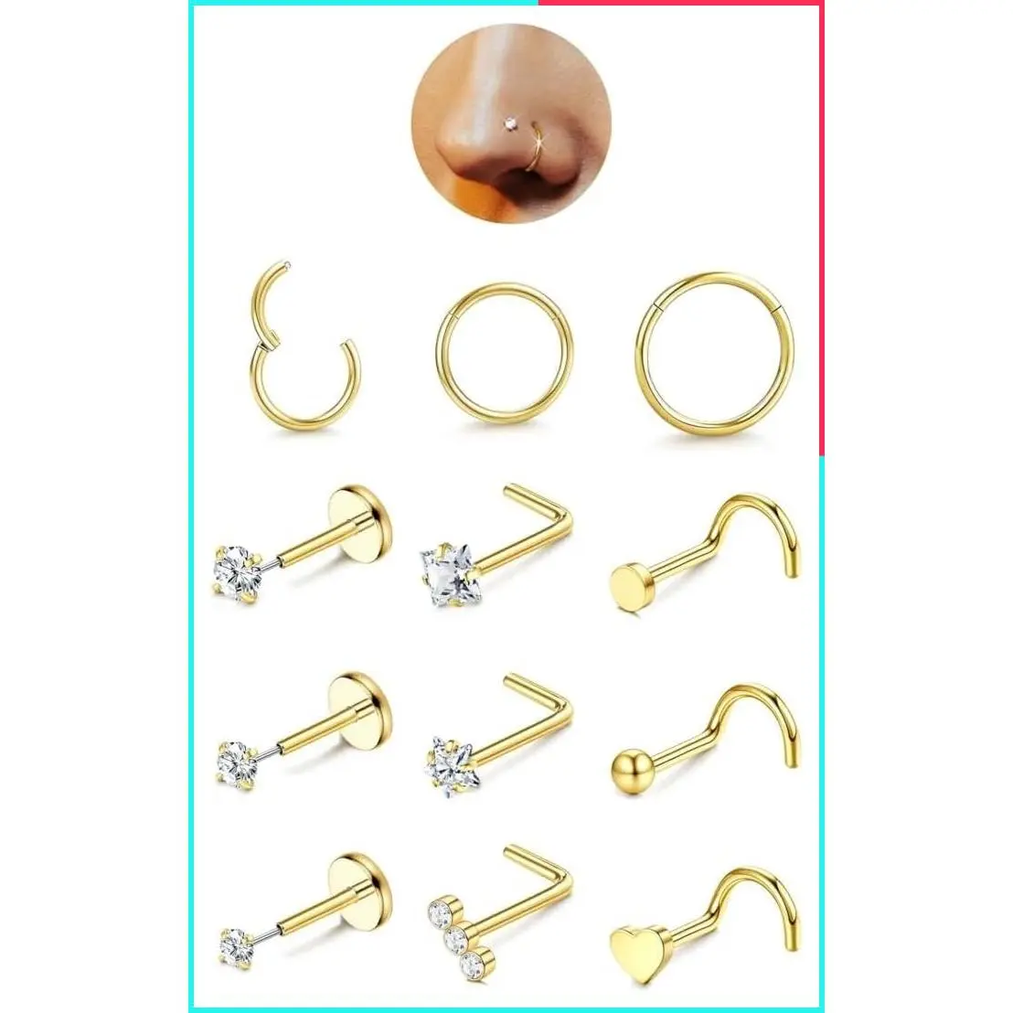 12PCS Gold Plated Hypoallergenic Surgical Steel Nose Rings for Women - Hoops, Lip Septum Clicker, CZ Screw, L Shaped, Threadless Flat Back Studs, Nostril Piercing Jewelry