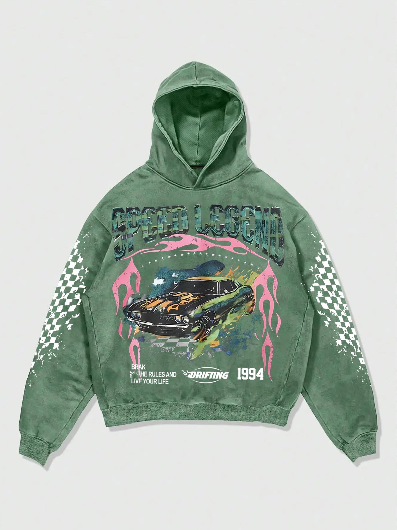 Men's Street Style Graphic Hooded Sweatshirt, Vintage Wash Short Design, Casual Fashion for Daily Wear & Outdoor Activities