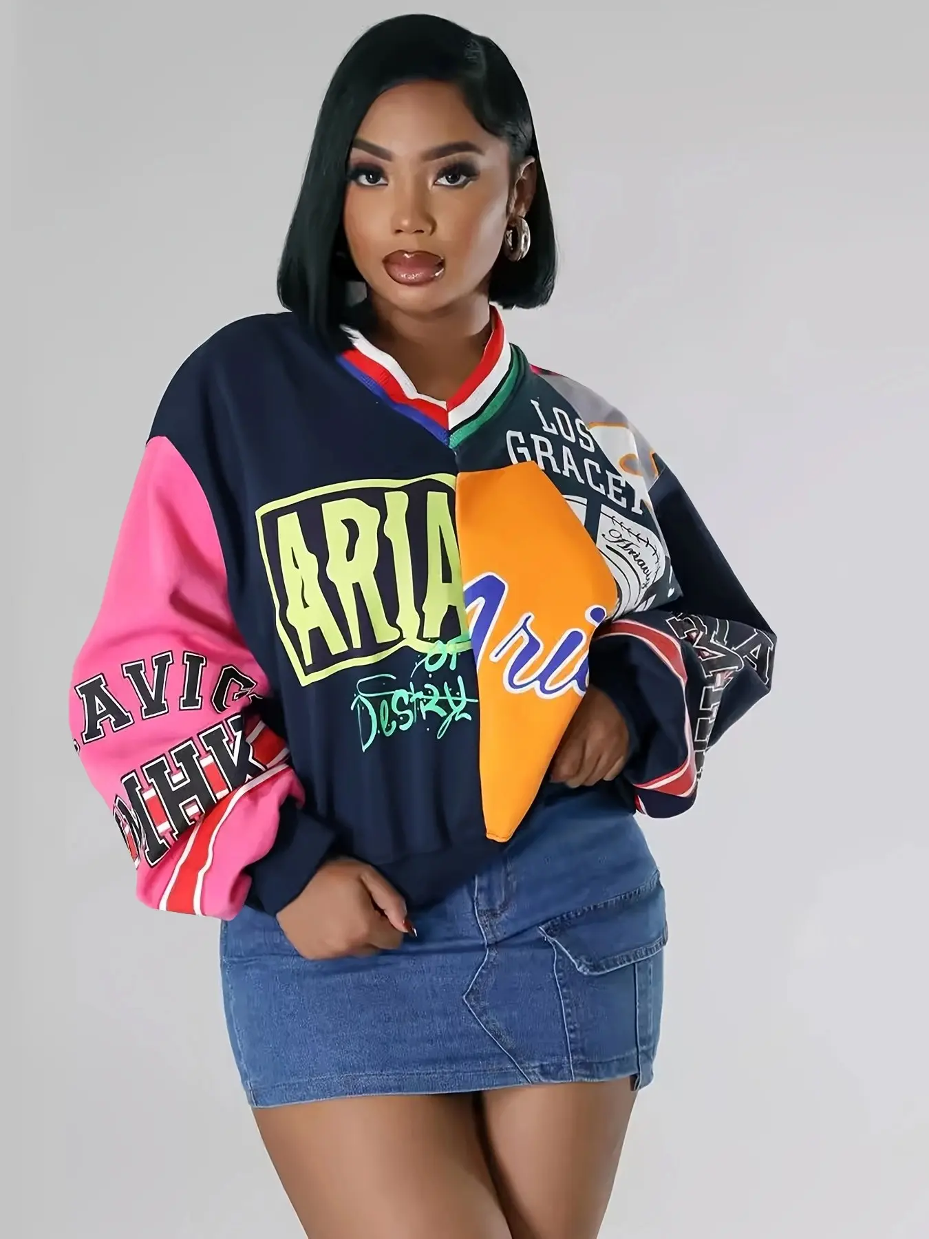 Tw537 Fashion Trendy Patchwork Colorblock Letter Print Loose Casual V-Neck Sweatshirt, Stylish and Comfortable Pullover for Daily Wear