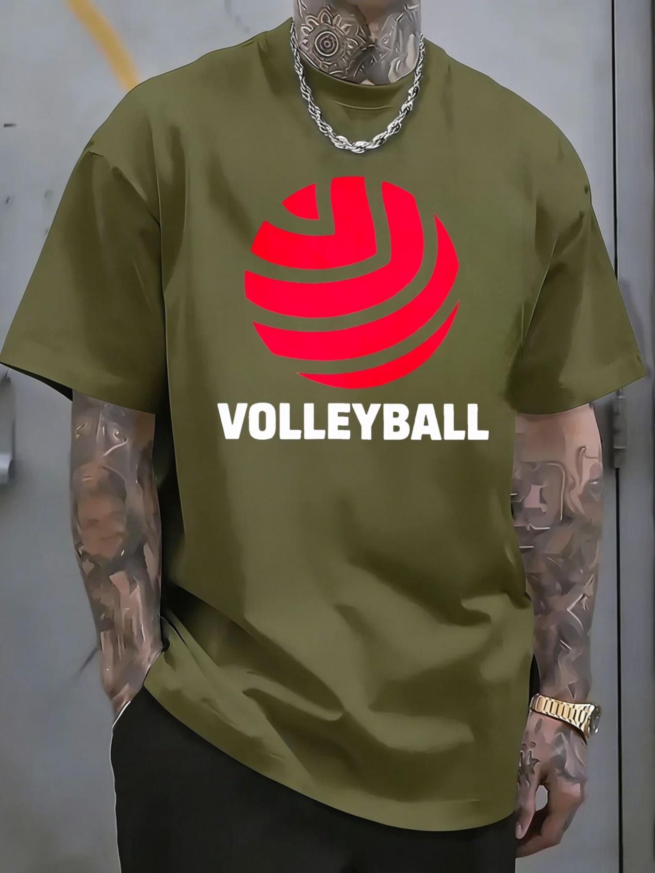 Men's T-shirt, short sleeve with volleyball pattern print and text, casual for volleyball sports, suitable for outdoor sports and fitness wear in summer