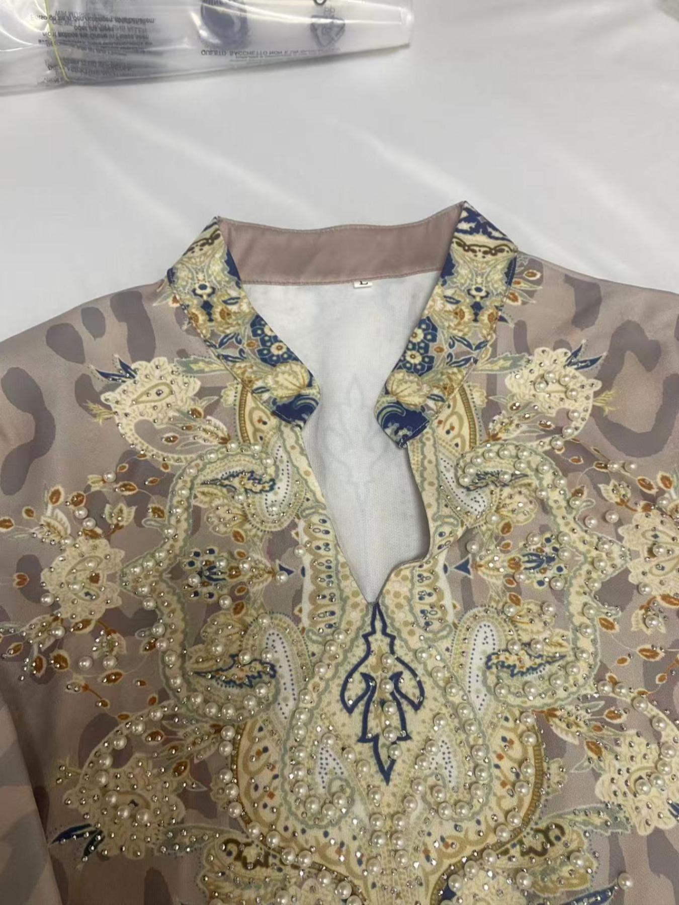 Women's Traditional Ethnic Pattern Faux Pearl Decor Long Dress, Boho Long Sleeve Round Neck Dress for Vacation Holiday Wedding Guest, Ladies Muslim Clothing for All Seasons