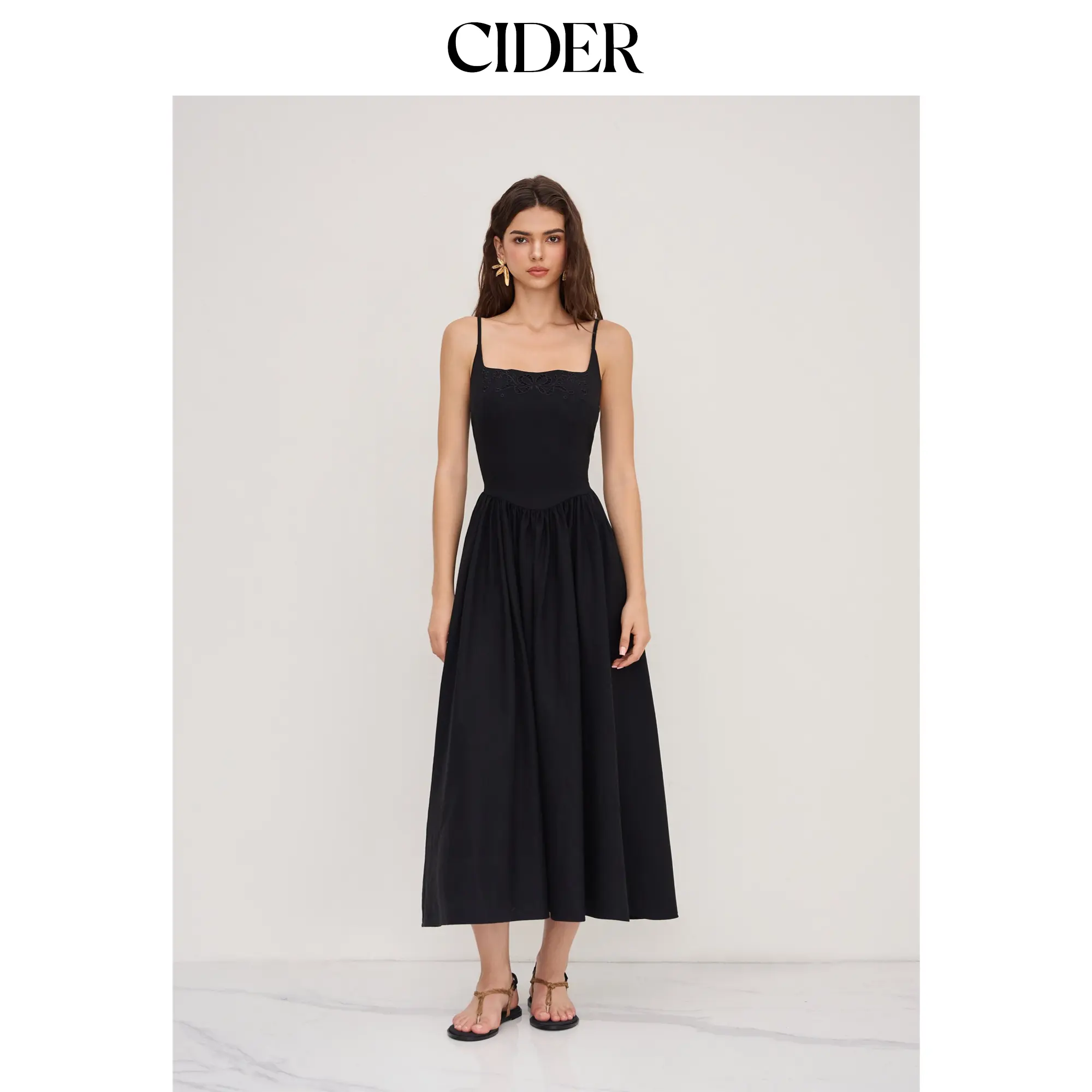 Cider Cotton Linen Scoop Neckline Broderie Anglaise Ruffle Maxi Dress