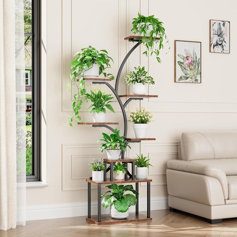 POZILAN Plant Stand Indoor with Grow Light, 8-Tiered Tall Plant Stands for Indoor Plants Multiple, Metal Plant Shelf Display Rack Holder, Flower Stand for Indoor Plants, Living Room, Garden, Patio Gift Home Decorative