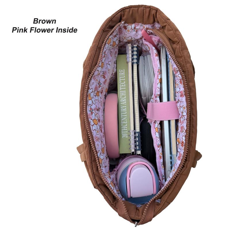 CozyLoucia Cute Puffer Tote Bag for Women Pink Flower Print Interior Laptop Shoulder Handbag, Lightweight Best Tote Bag for Work with Multiple Compartments for Travel , Work  and School ,Christmas Gift Ideas