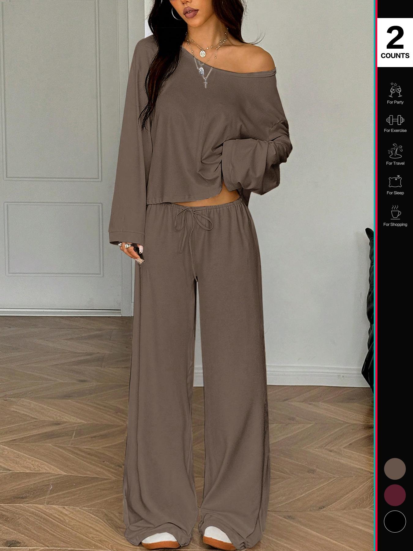 2026 Women's Two-Piece Set, Casual Breathable Long Sleeve Top and Elastic Waist Pants, All-Season Basic Sleepwear, Comfortable Loungewear