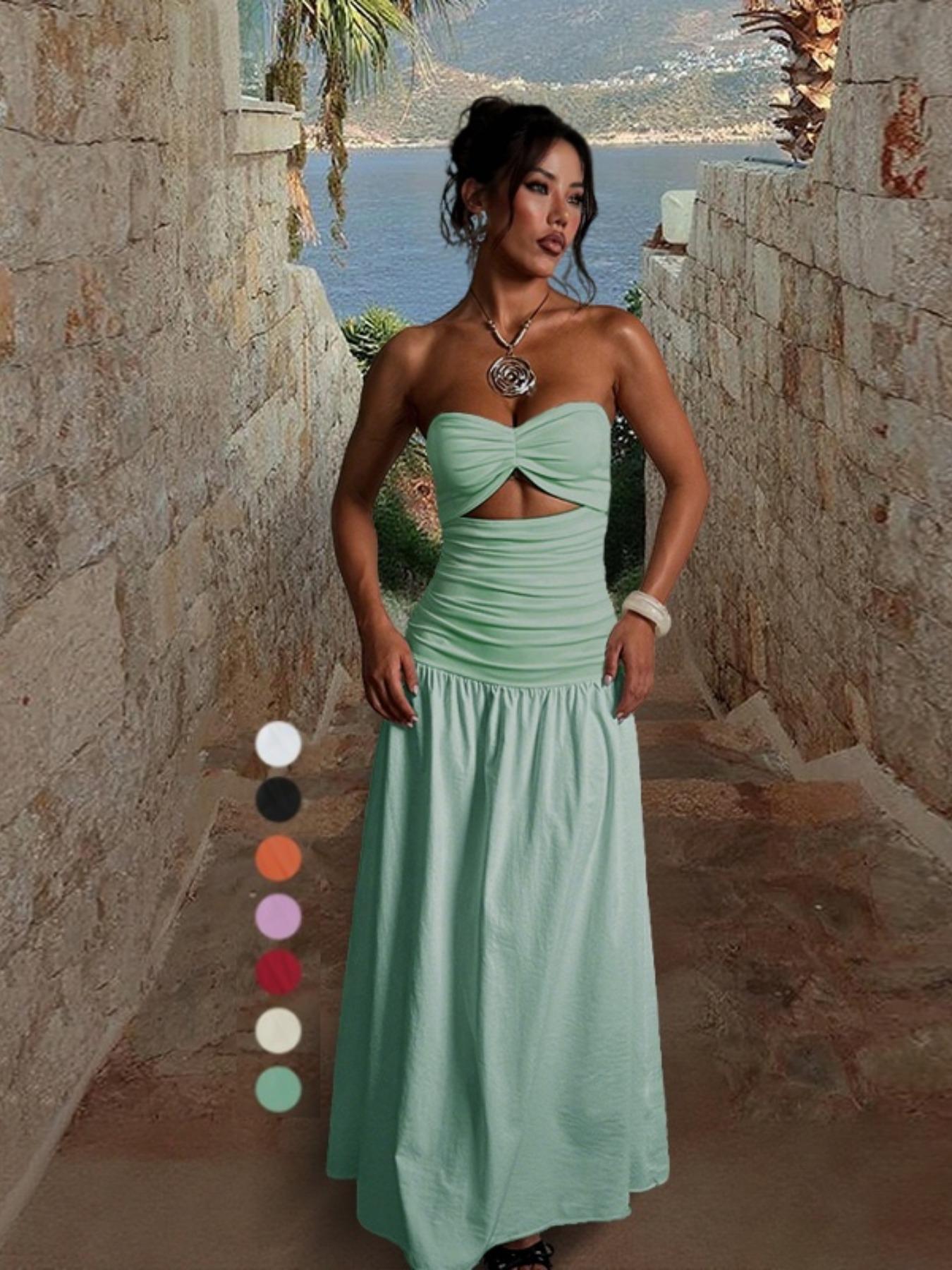 Women's Sleeveless Hollow Out Fitted A-Line Dress, Two Fabric Patchwork Design, Micro-Transparent Material, Beachwear Casual Wear Long Skirt Yj24627pfo