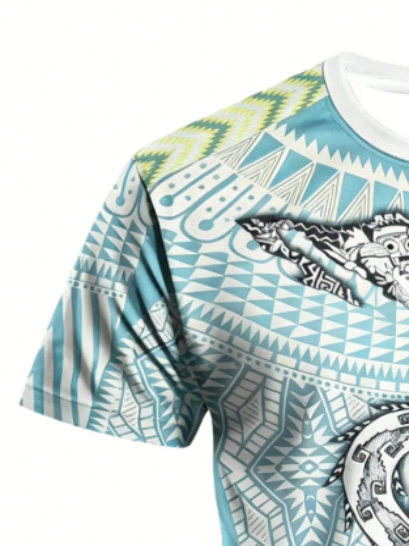 Men's Aztec Quetzalcoatl Mexico Map Sport T-Shirt, Tribal Style Round Neck Short Sleeve Top, Loose-Fitting Geometric Pattern, All Seasons