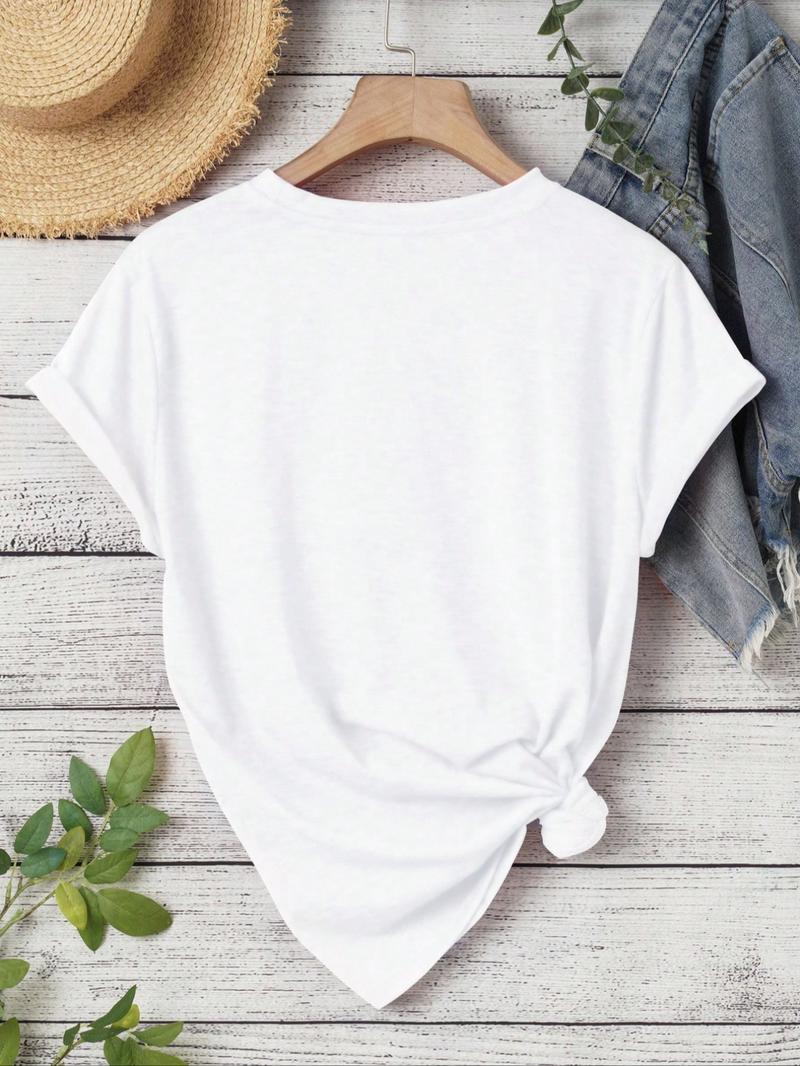 Women's Cross & Heart Print Round Neck Tee, Fashion Casual Crew Neck Short Sleeve T-Shirt for Daily Wear, Ladies Clothes for All Seasons