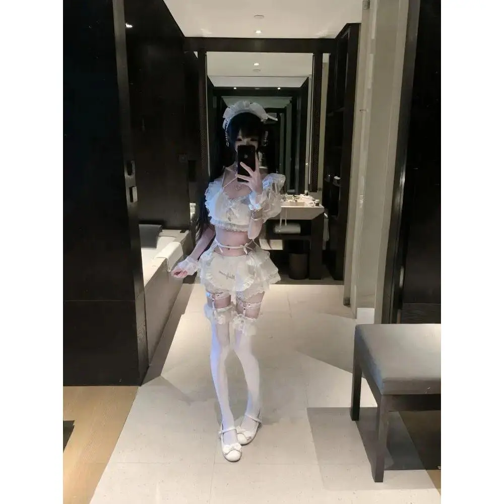2026 Japanese Lolita Kawaii 2 Piece Set Women Lace Ruffle Puff Sleeve Mini Skirt Suit Feamel Cute Chic Korean Popular Outfits