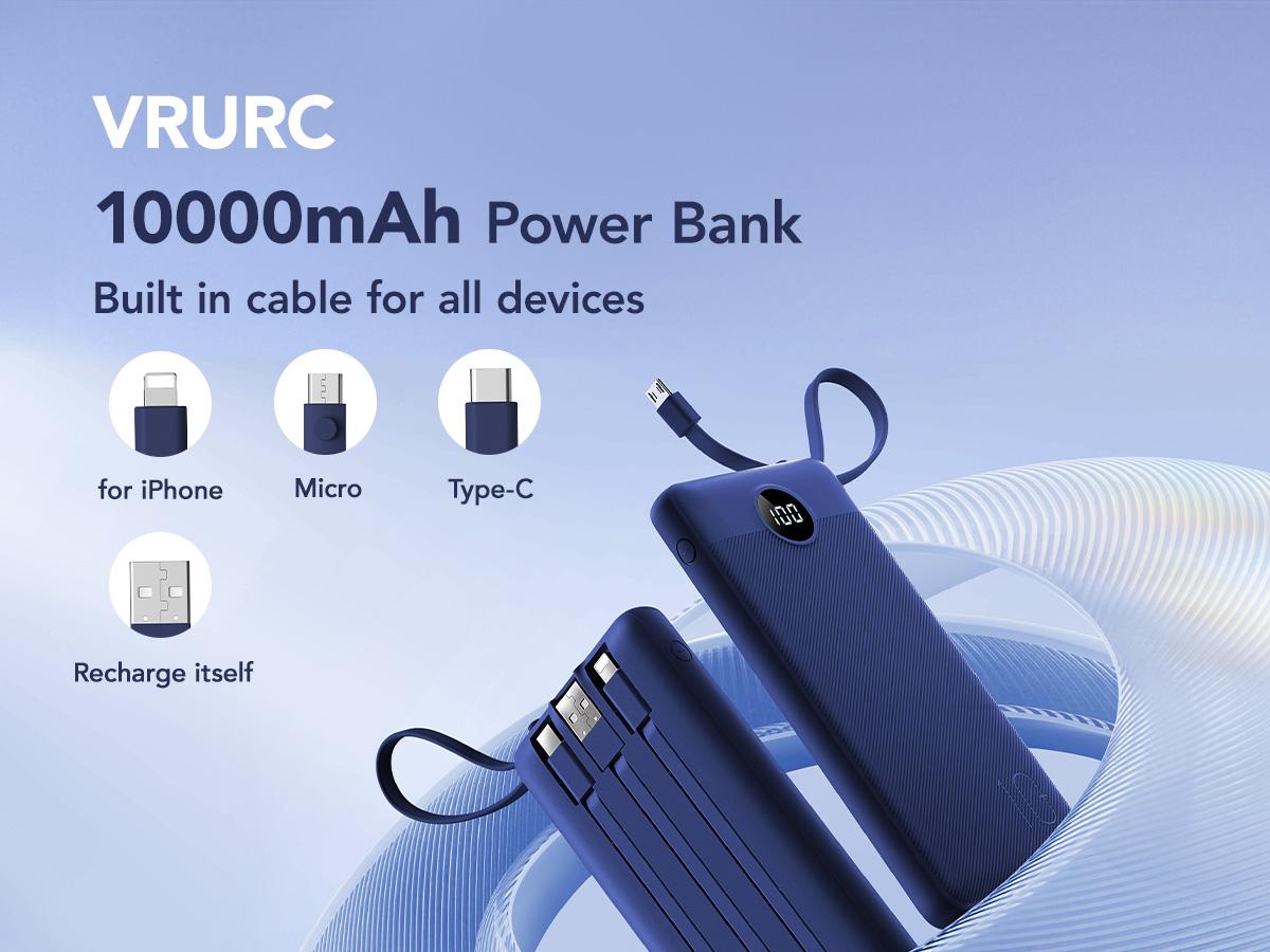 VRURC 10000mAh Power Bank with 4 Built-in Cables USB-C USB-A Type-C LED Display Fast Charging Protection Multi-Device Battery Pack for iPhone Samsung Android Tablet iPad Earbuds Smartphone Black Green Compact Portable
