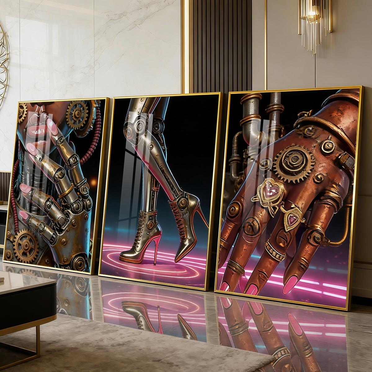 3 Counts Aluminum Alloy Framed Painting, Futuristic Cyberpunk Robot Art Pictures, Home Decoration For Living Room, Bedroom, Office, Restaurant, Hallway Wall Decor, Odorless Print Artwork, Luxury Perfect Gift For Friends And Family