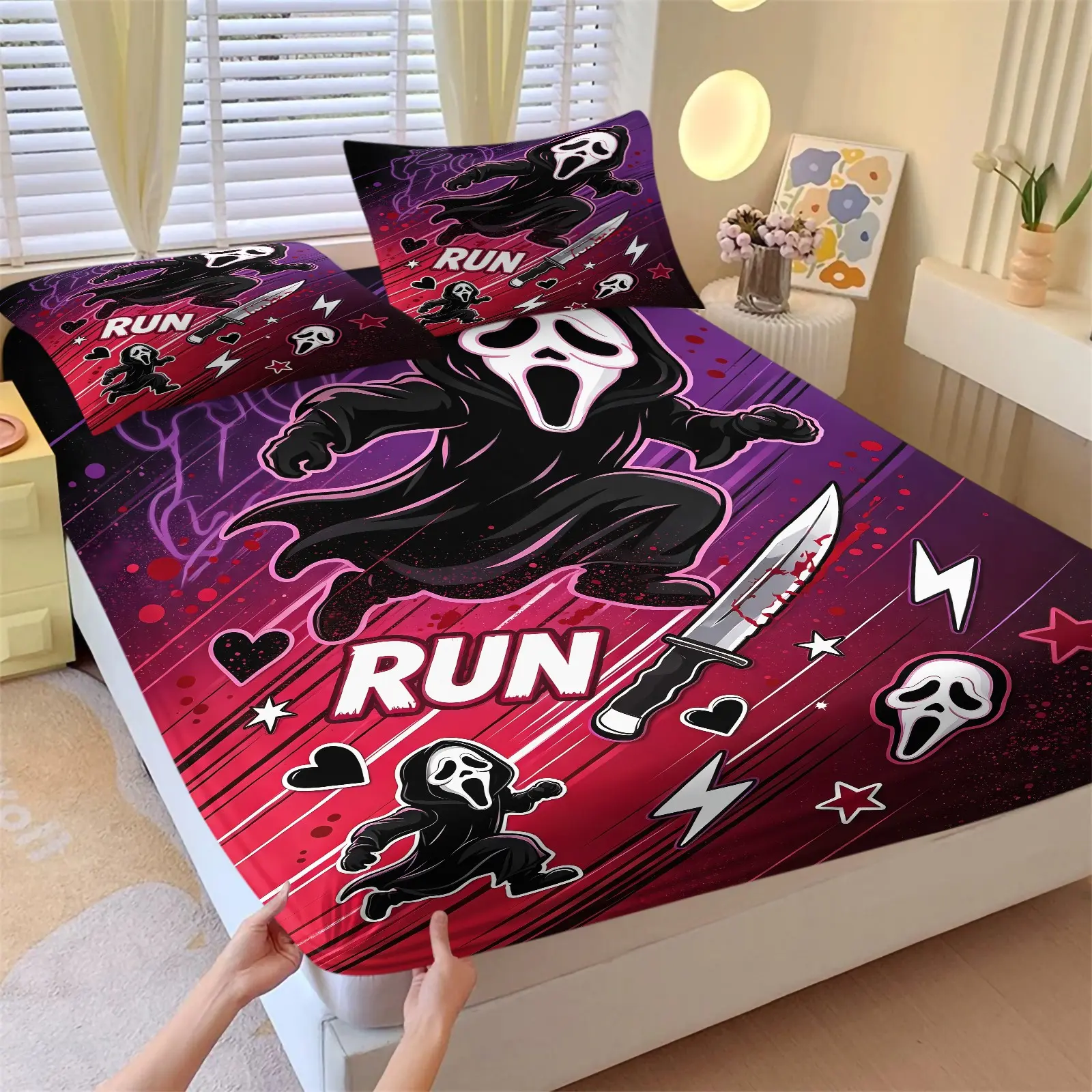 Scream Red Purple American Comic Ghostface Fitted Sheet Set & 2 Pillowcases, Sword Ghostface Silhouette Heart Lightning Print Bedding, Elastic Binding Deep Pockets, Cool Halloween Teen Bedroom Dorm Decor, Patterned Bedding Set