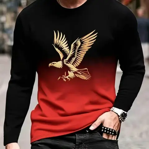 Men's Long Sleeve Gradient Pattern T-Shirt, Soft Casual Streetwear Top with Letter Print, Washable All-Season Wear, Regular Fit Round Neck