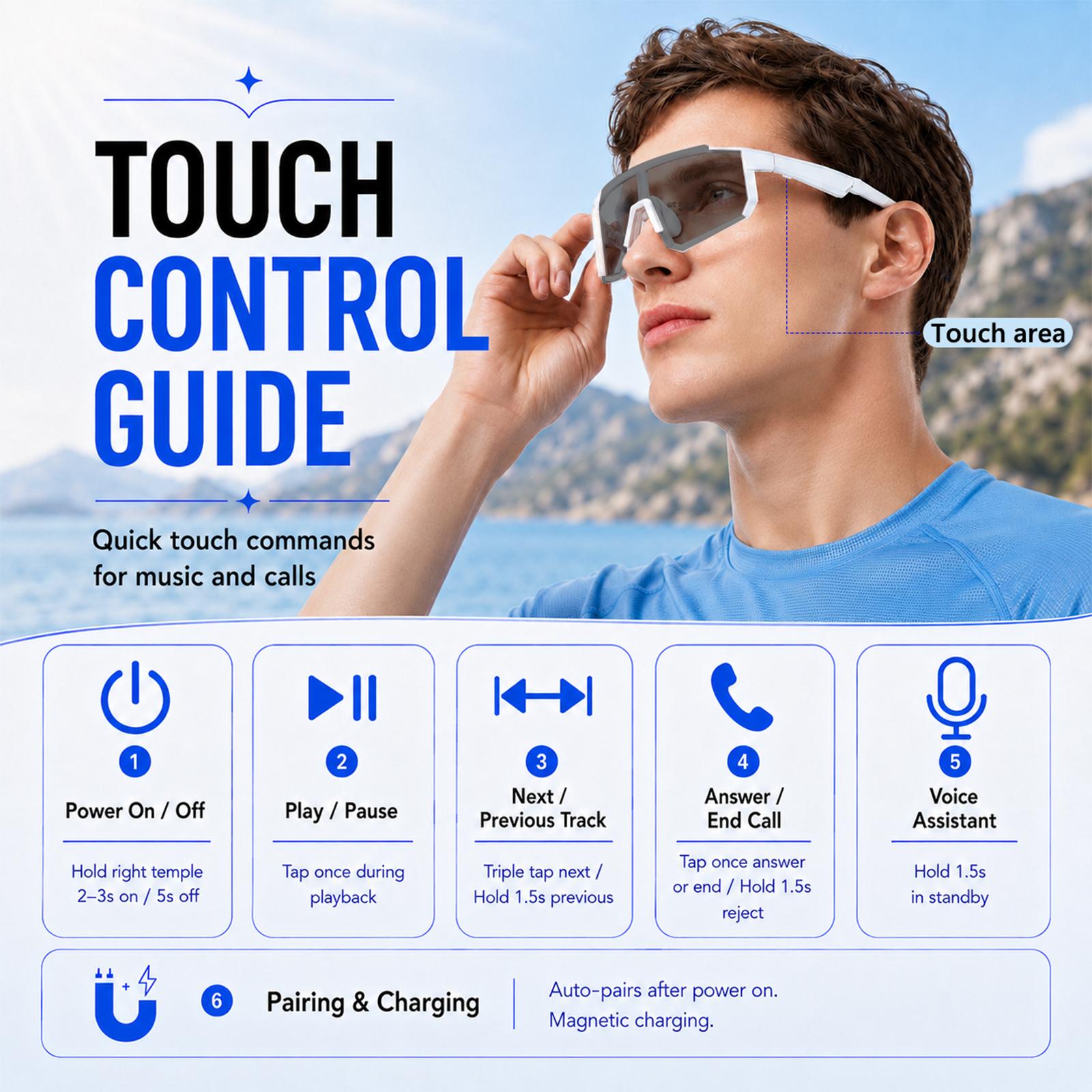 Photochromic Bluetooth Smart Glasses for Men Women, Open-Ear Audio Cycling Sunglasses with Hands-Free Calls, Voice Assistant and UV400 Protection for Running, Fishing, Hiking
