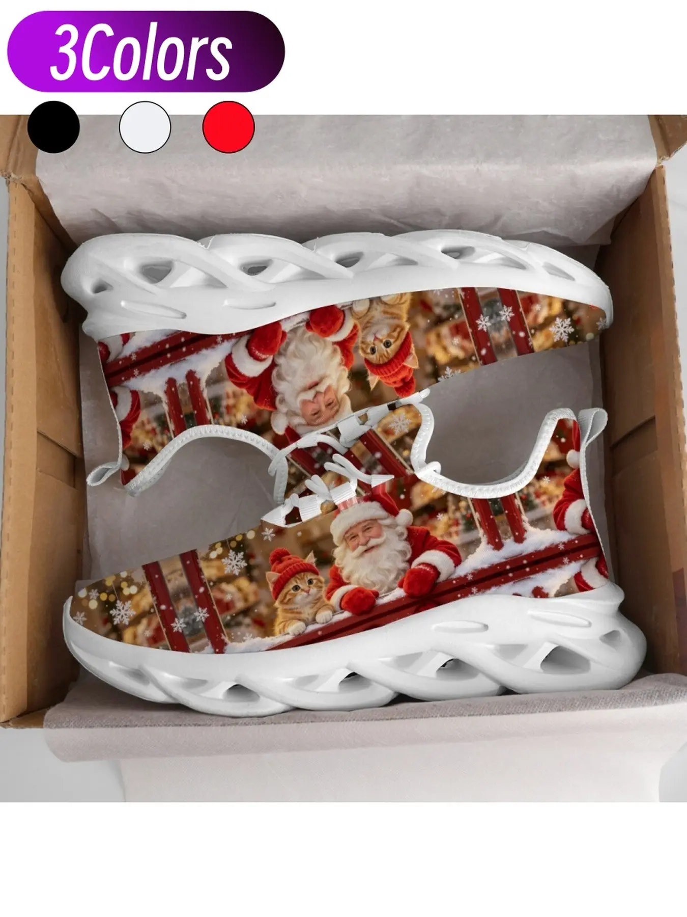 Unisex christmas casual running sneakers playful full print santa claus cute cat design breathable mesh hollow cushioning big outsole non slip wear resistant for travel daily festive commuting wear