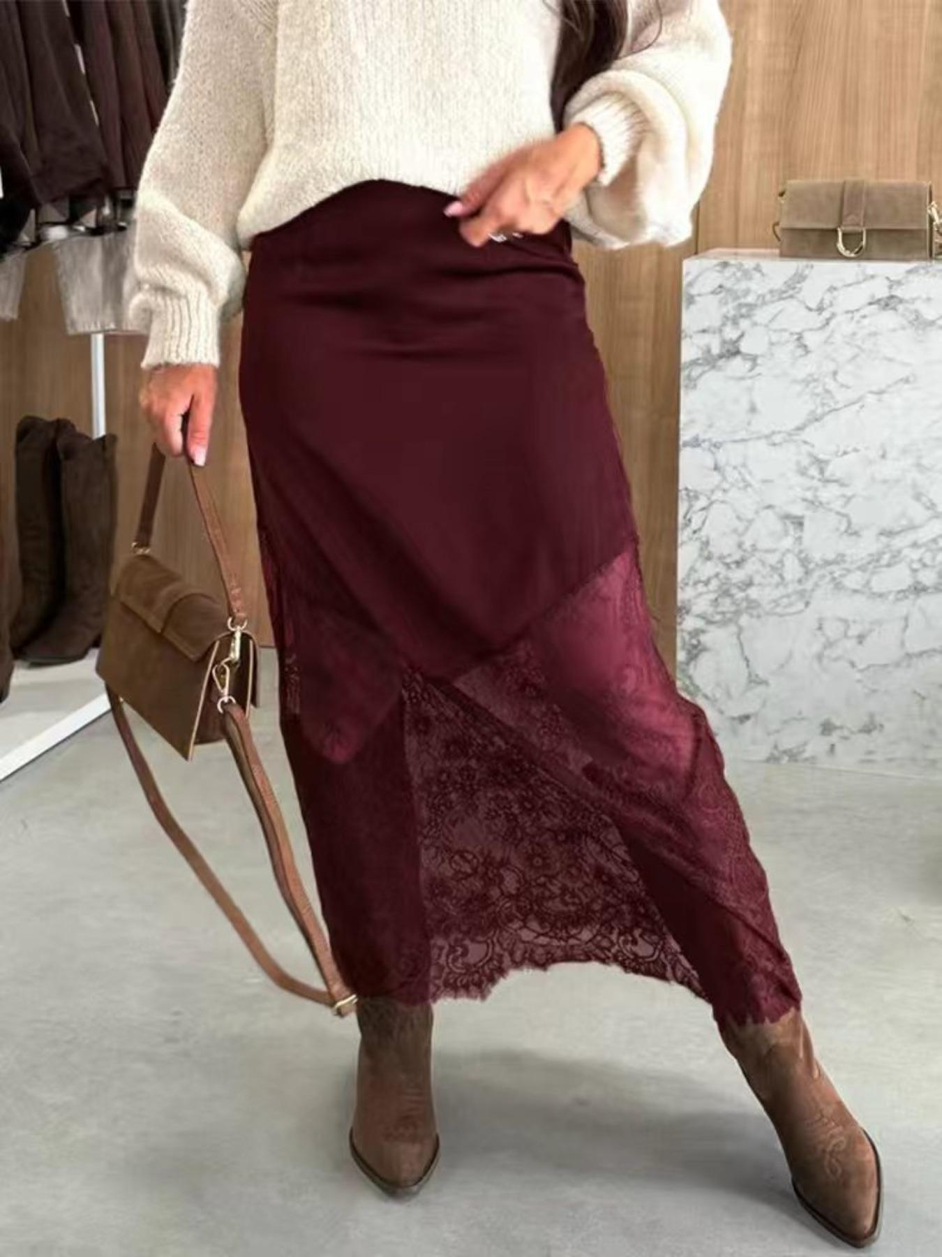Elegant Solid Color Woven Fabric Lace Patchwork High Waist Midi Skirt, Daily Commute Fitted Skirt, Spring & Fall Fashion