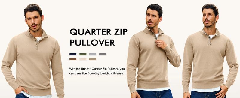 Runcati Mens Quarter Zip Pullover Sweater Lightweight Mock Neck Slim Fit Pullover Knit Casual Polo Sweaters