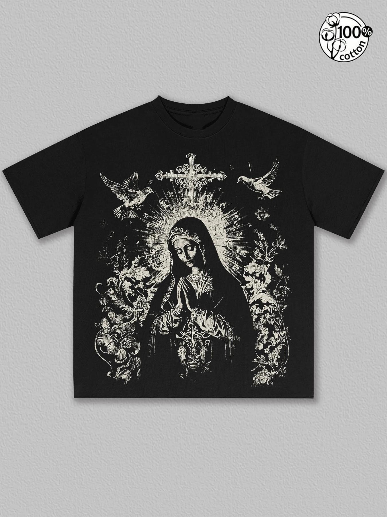 Unisex 100% Cotton Vintage Virgin Mary Religious Graphic Oversized T-Shirt | Y2K Gothic Dark Aesthetic High Street American Retro Streetwear Top