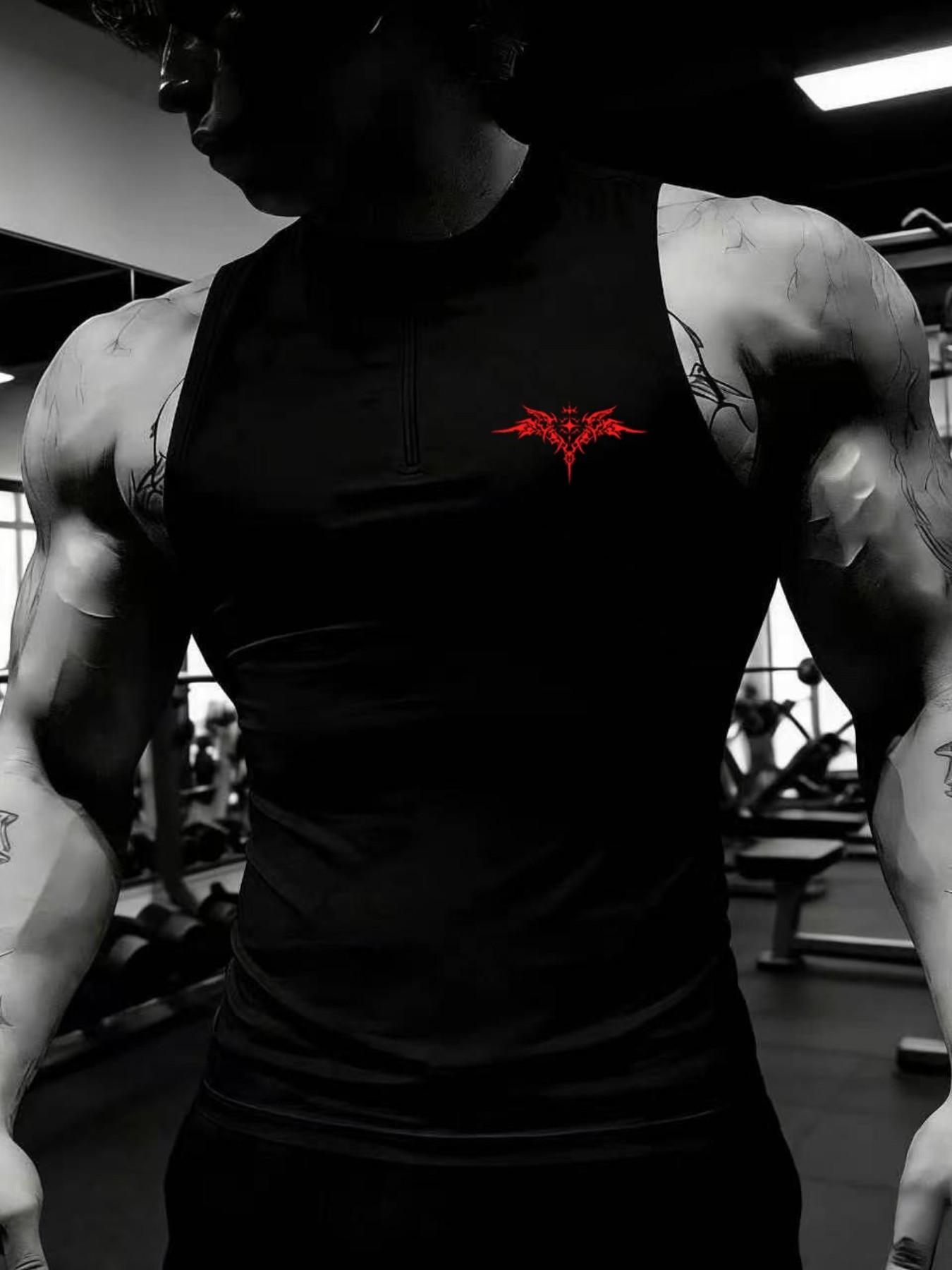 Mens Gothic Logo Quick Dry Sleeveless Shirt | Muscle Fit Half Zip Workout Tank | Gym Bro Streetwear Fitness Top