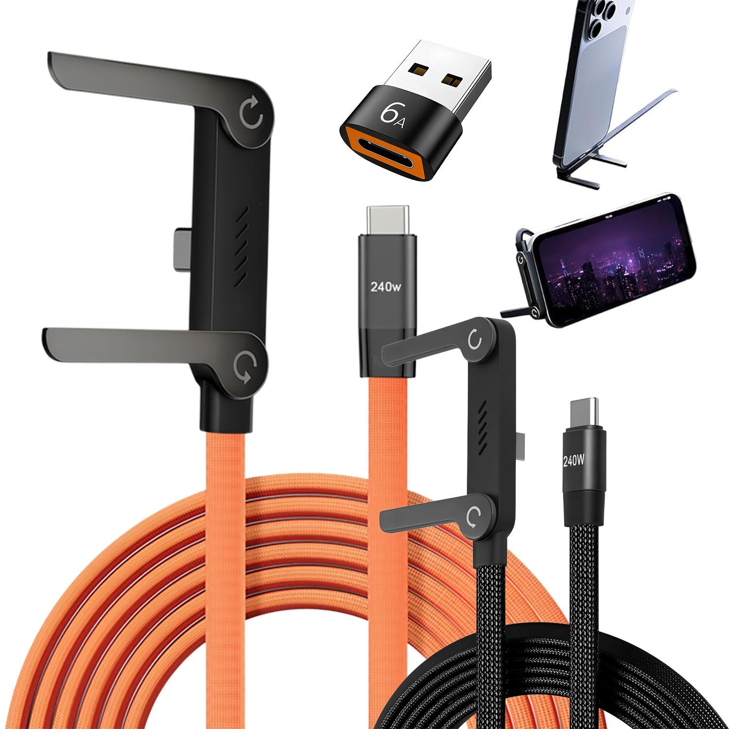 USB Type C Flat Charging Cable with Invisible 360° Rotating Phone Stand, Foldable Phone Holder, 240w Fast Charger