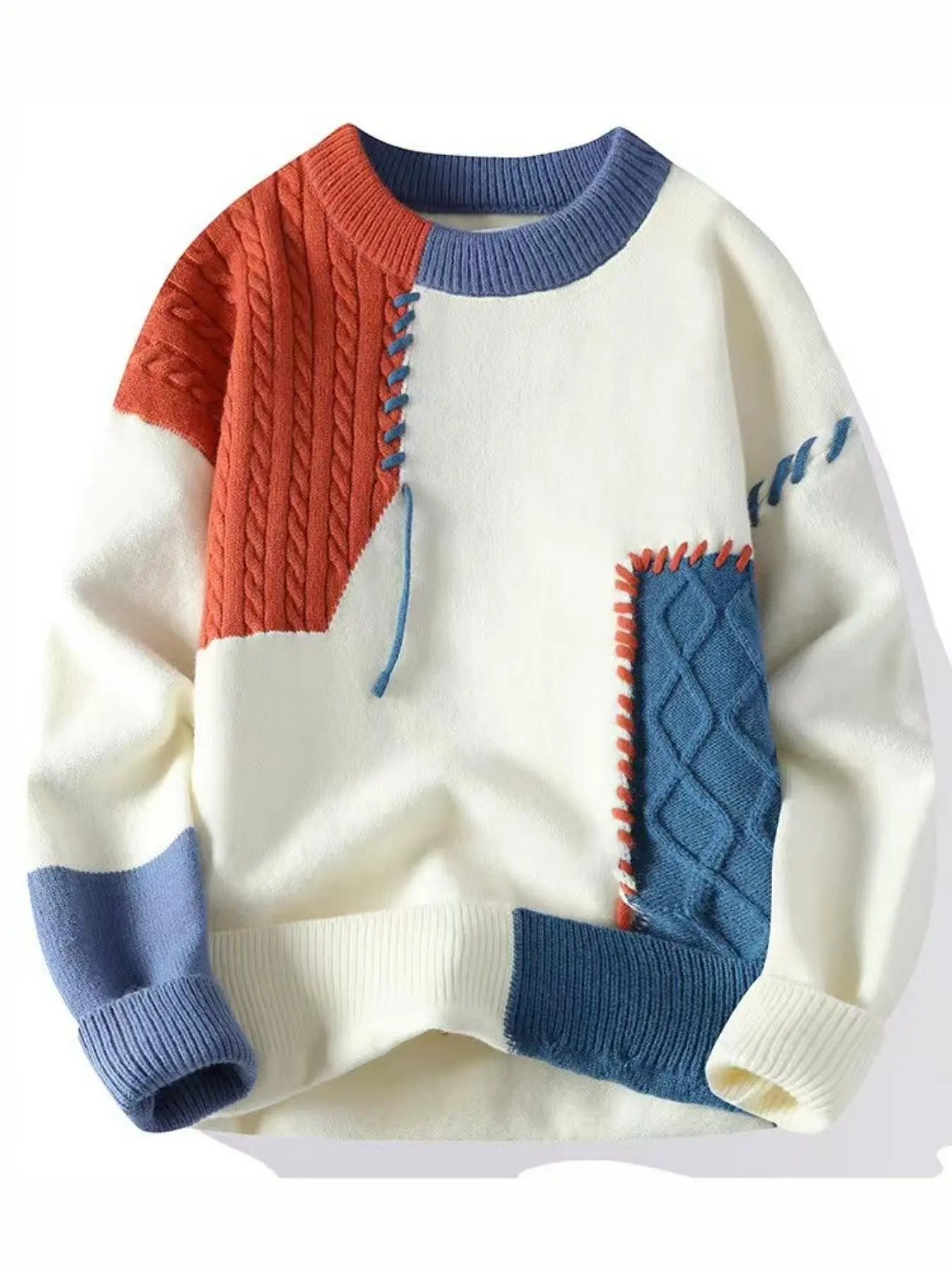 Men's Color Block Patchwork Cable Knit Sweater, Crew Neck Long Sleeve Pullover, Stitched Contrast Knitted Jumper, Soft Warm Loose Fit Top for Men Knitwear Autumn Winter Casual Street Daily Outfits