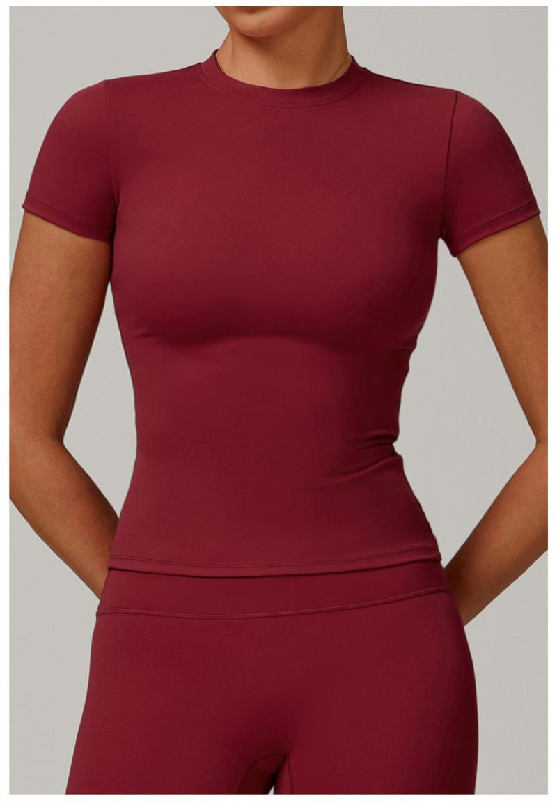 Solid color sports T-shirt, round neck, slim fit, stretchy fabric, suitable for yoga and gym workouts, women's sportswear, sporty style clothing, fitness shirt, workout top, loose-fitting gym shirt