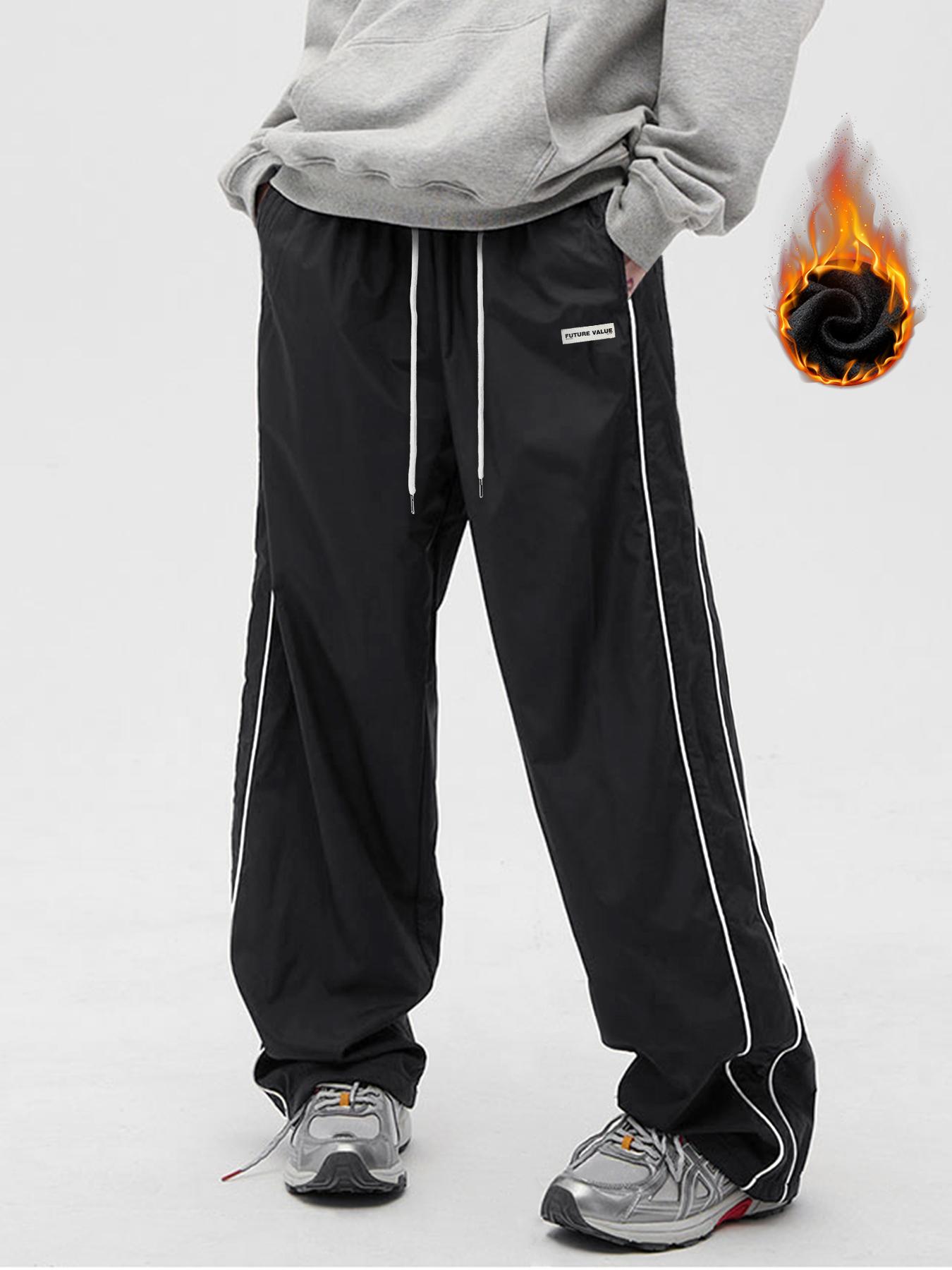 Men's Side Stripe Drawstring Waist Straight Leg Pants, Casual Pocket Letter Patched Trousers for Fall & Winter, Loose Menswear, Drippy Outfits