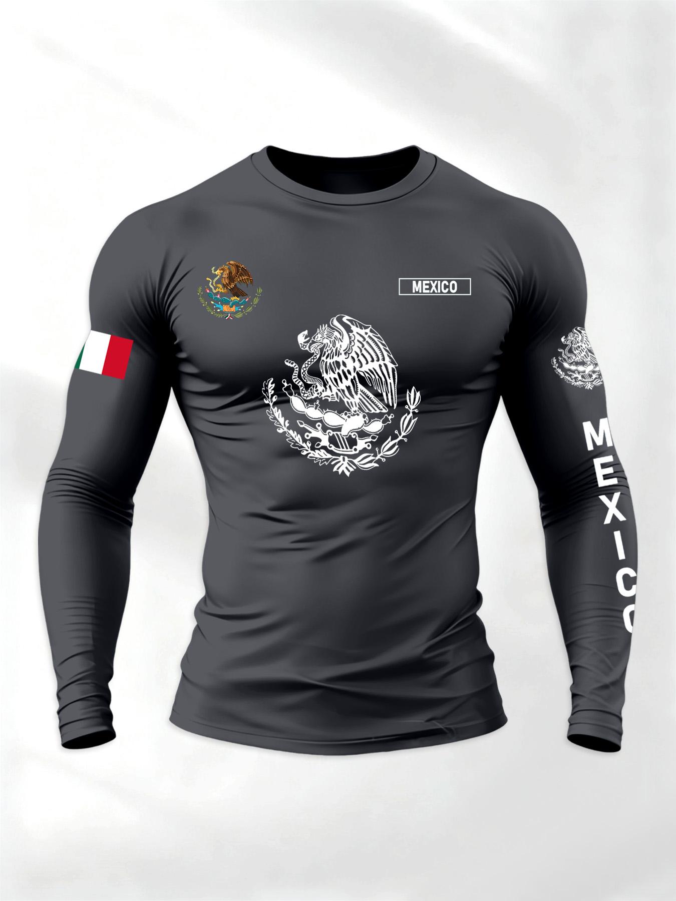 Men's Sporty Round Neck Long Sleeve T-Shirt for Spring & Fall, Athletic T Shirt, Mexican Eagle Snake Letter Pattern, Comfortable Streetwear