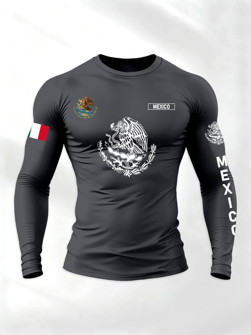Men's Sporty Long Sleeve T-Shirt, Spring & Fall Fashion Round Neck, Mexican Eagle Snake Letter Pattern, Comfortable Streetwear, Athletic T Shirt
