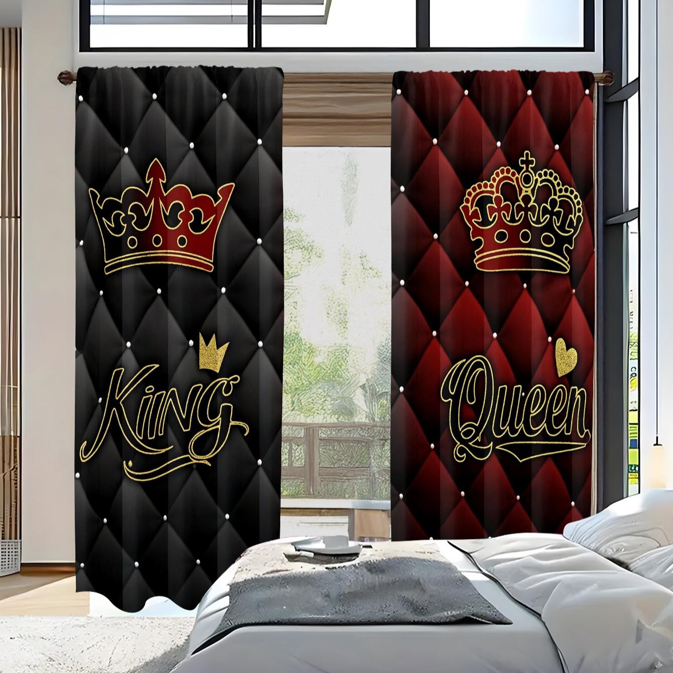 King & Queen Crown Pattern Curtains Set, Polyester Fiber Material, Light Luxury Palace Style, Rod Pocket Design, Suitable for Bedroom Living Room Decor, Window Curtain, Home Decoration Curtain