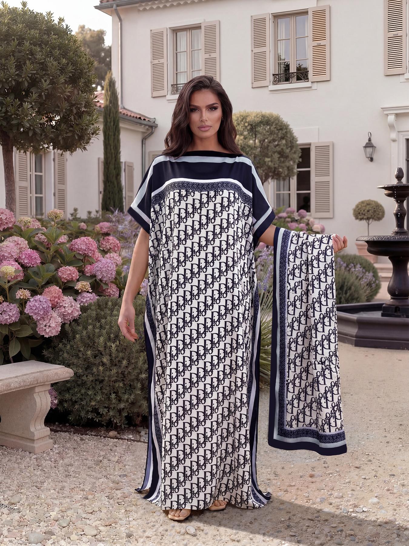 Women's Elegant Chic Full-Body Print Shawl, Long Dress + Headscarf Scarf, Beach Sun Protection, All Seasons, Fitted Style