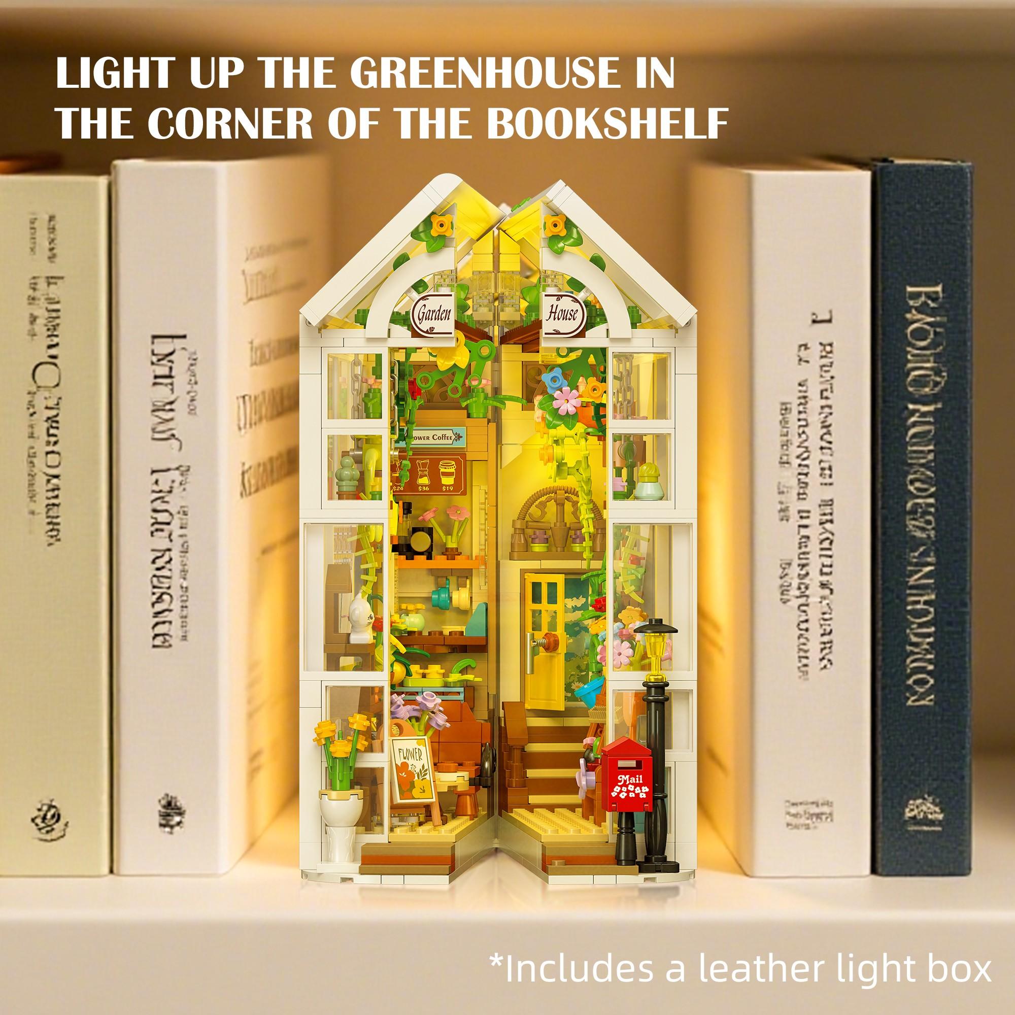 Jx Building Blocks Flower House Greenhouse Book Stand, Miniature Lighted Home Desktop Decor, Kids DIY Craft Toy (with Lights, 919pcs)