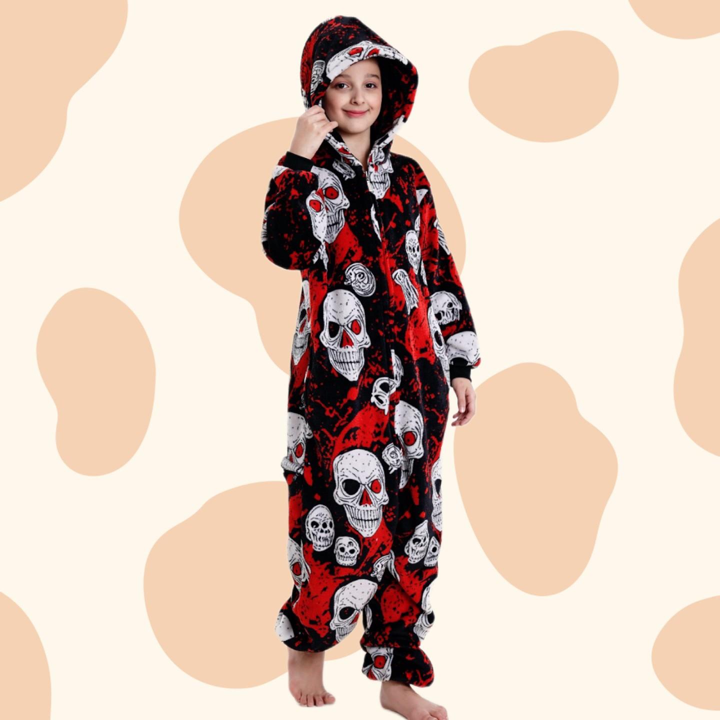 Flame-Resistant One-Piece Pajamas, Cozy Gift, All-Season Loungewear, Zipper Closure, Side Pockets, Hooded