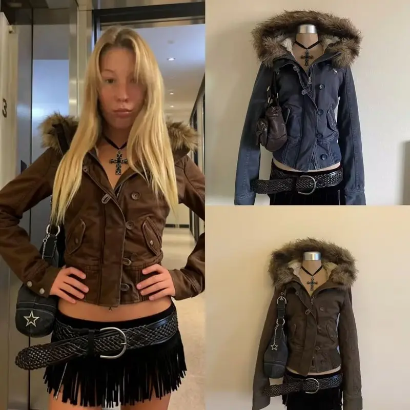 Lady's Basic Long-Sleeve Casual Autumn New-Style Fleece-Lined Thick Hooded Fur-Collar Short Outerwear for Women